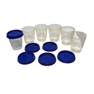 Tupperware Mini Midgets With Lids Lot 6 Clear Containers Blue Lids 2 oz #101 New